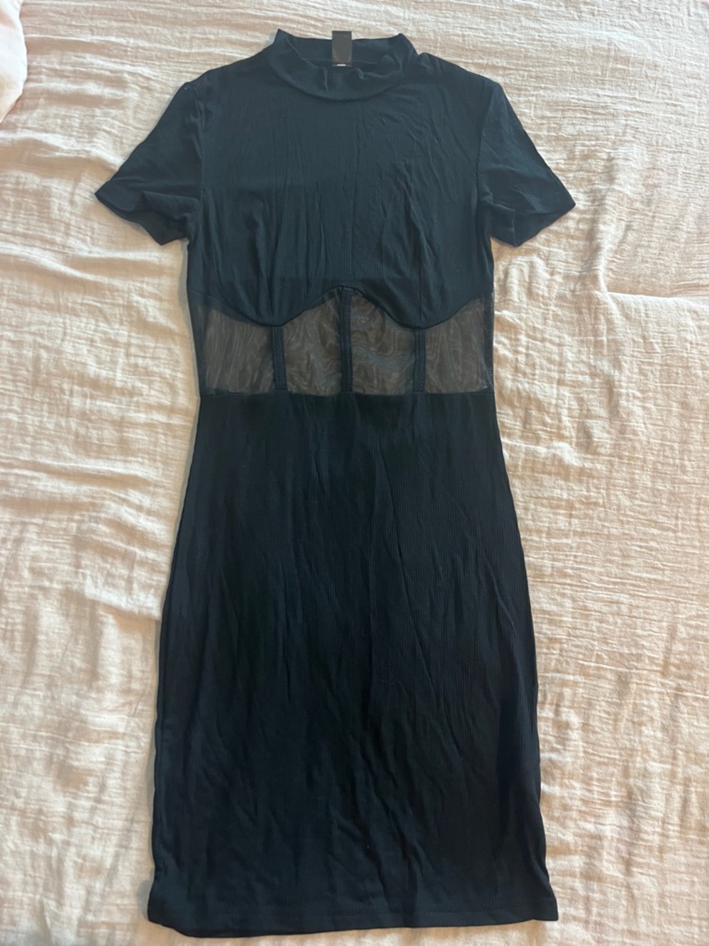 SHEIN Black Short-Sleeve Sheer-Waist Bodycon Chemise